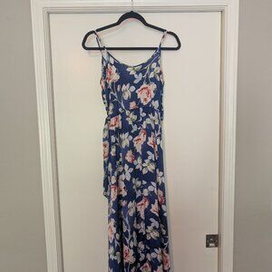 Navy Floral Satin Midi Dress | Size M